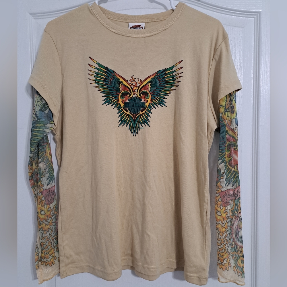 HARLEY DAVIDSON Beige Mesh Tattoo Sleeve T-Shirt Size XL